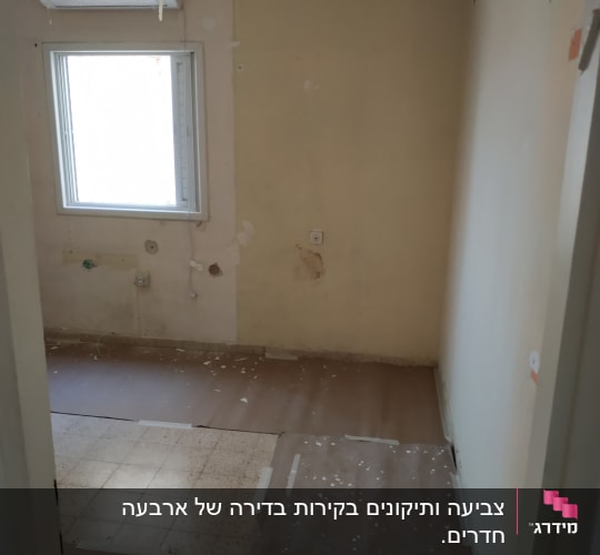 חדר עם קירות צבועים חלקית ונייר מגן על הרצפה